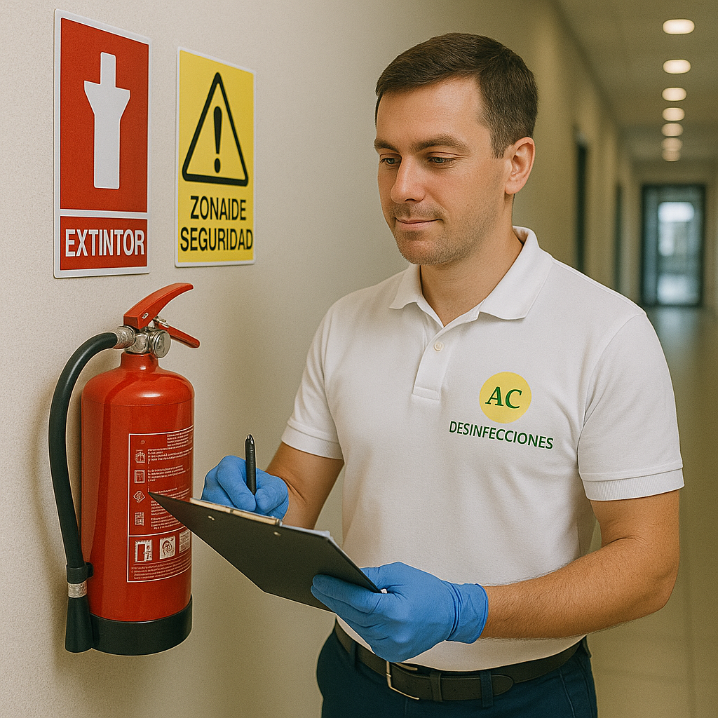 Matafuegos montado en pared, listo para su control